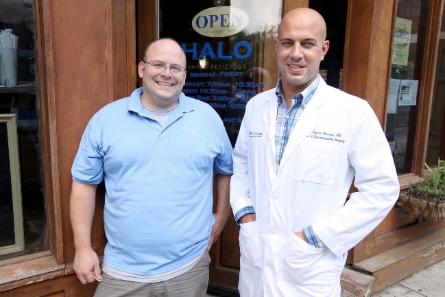 Chef Geoff Chewning and Dr. M. Lance Tavana standing next to one another in front of Halo bakery entrance.