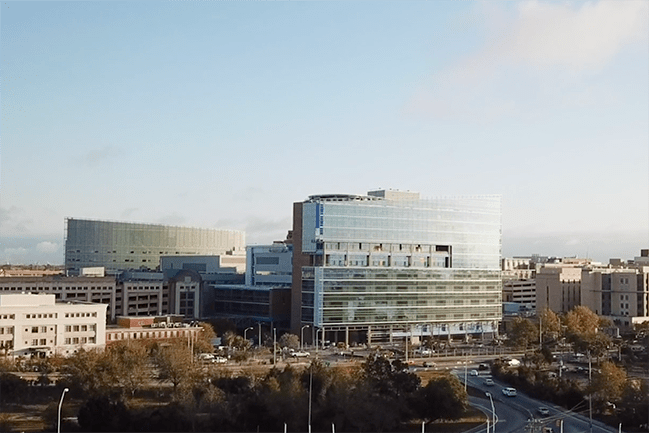 Exterior of Ashley River Tower and the Shawn Jenkins Children's Hospital and Pearl Tourville Women's Pavilion as shot from remote piloted drone
