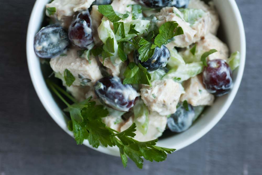 Classic chicken salad with grapes celery and herbs
