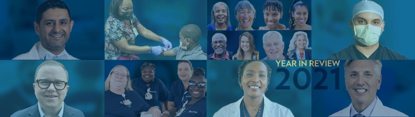 Collage of MUSC Health Staff with the words -Year In Review 2021- superimposed.
