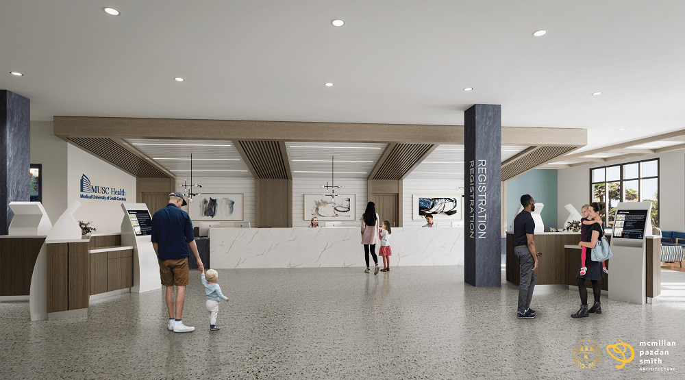 Rendering of the interior of the future pavilion depicting check in desk