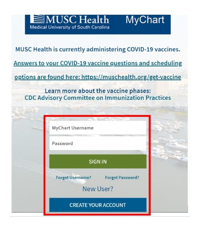 Screenshot of the MUSC MyChart login page.
