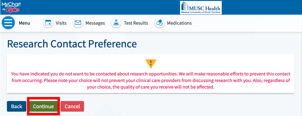 MyChart Screen shot of MUSC Research Contact Preference questionnaire page that displays with additional information once a patient has indicated that they wish to opt-out of being contacted about research.