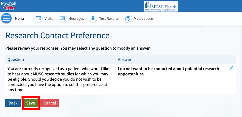 MyChart Screen shot of final MUSC Research Contact Preferences questionnaire page with a red box indicating where to click SAVE