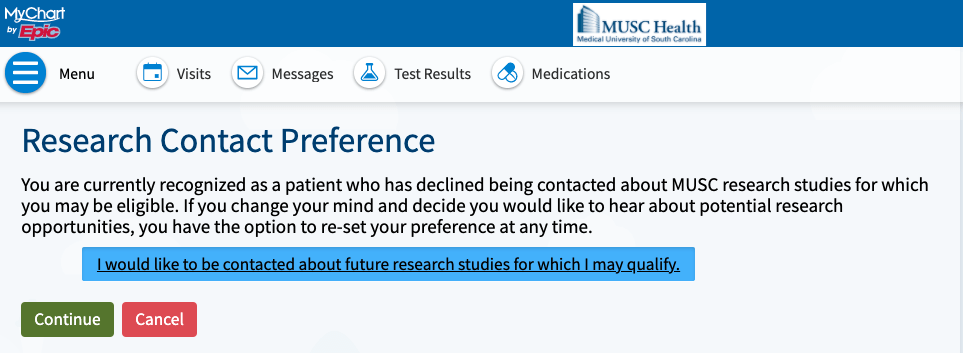 MyChart Screen shot of MUSC Research Contact Preference questionnaire with arrow indicating where to click to select the I would like to be contacted about future research studies for which I may qualify text box.