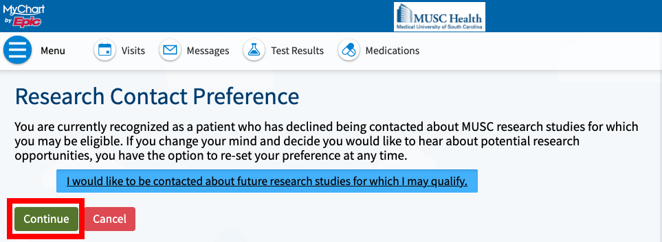 MyChart Screen shot of MUSC Research Contact Preference questionnaire with red box indicating where to click continue to bring you to the next page of the questionnaire.