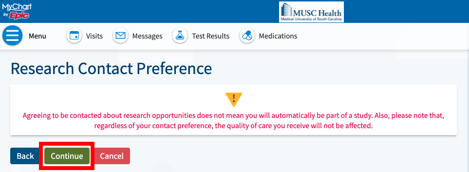 MyChart Screen shot of MUSC Research Preference questionnaire page that displays with additional information once a patient has indicated that they wish to opt-in to be contacted about research.