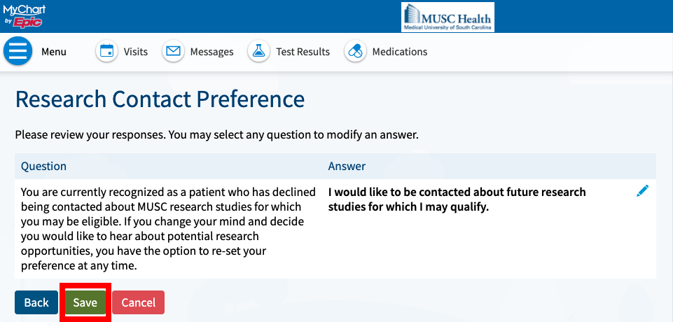 MyChart Screen shot of final MUSC Research Preference questionnaire page with a red box indicating where to click SAVE