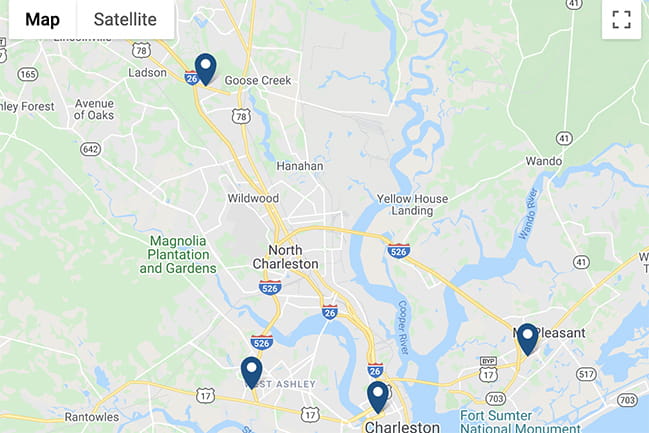 map showing ENT locations in Charleston, Mount Pleasant, West Ashley, and Summerville.