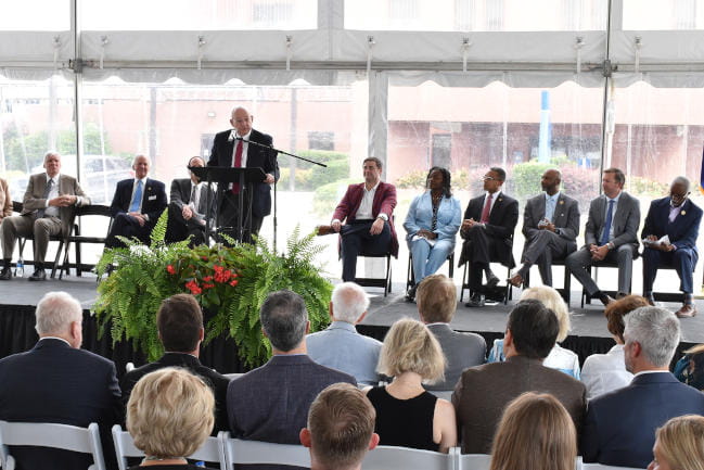 Francis Marion University President, Dr. Fred Carter, addresses the crowd at the announcement of the MUSC Health Jean and Hugh K. Leatherman Behavioral Care Pavilion in Florence, South Carolina.