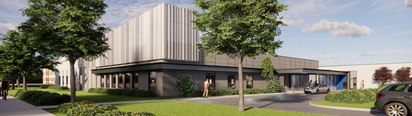 Artist's rendering of the front of the MUSC Health Jean and Hugh K. Leatherman Behavioral Care Pavilion in Florence, South Carolina. A sketch shows several cars parked in front of a low building with a sweeping facade.