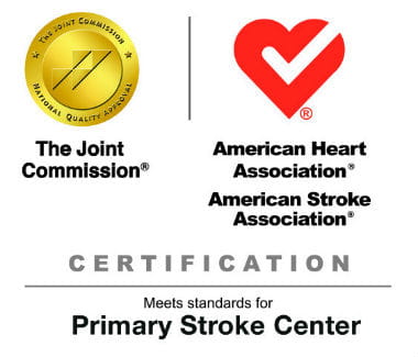 Image with Joint Commission Logo and American Heart Association logo that reads Certification | Meets standards for Primary Stroke Center