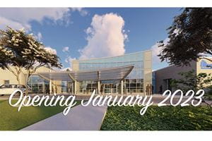 Rendering of Lake City Hospital with text overlay that reads Opening January 2023