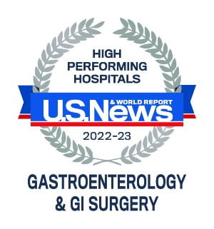 Decorative image that reads Hi Performance Hospitals U.S. News and World Report 2022-2023 Gastroenterology