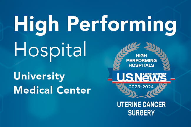 Graphic with geometric patterns in the background that reads High Performing Hosptial | University Medical Center | High Performing Hospitals U.S. News & World Report 2023 to 2024 | Uterine Cancer Surgery