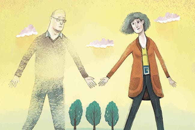 Illustration for Vanishing Act Article - a couple holding hands, one of them disappearing.