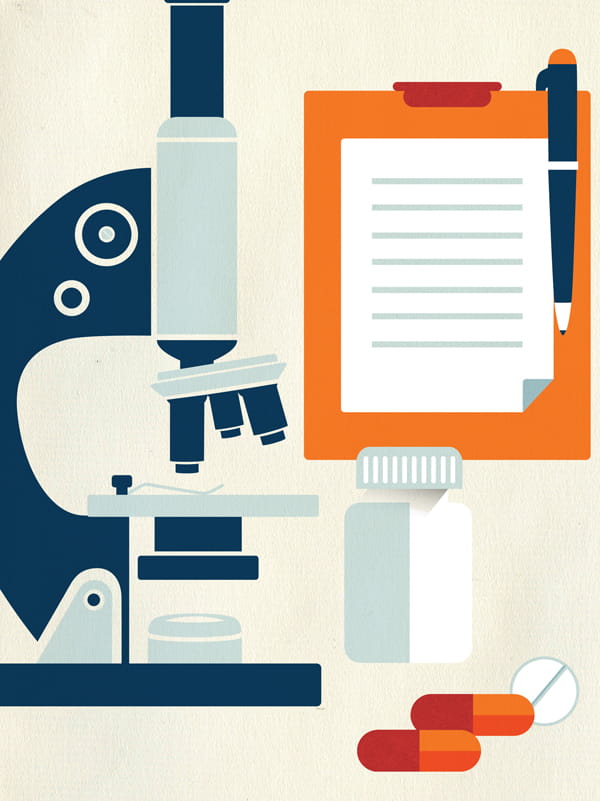 Illustration of Microscope and Medications to Suggest Clinical Trial