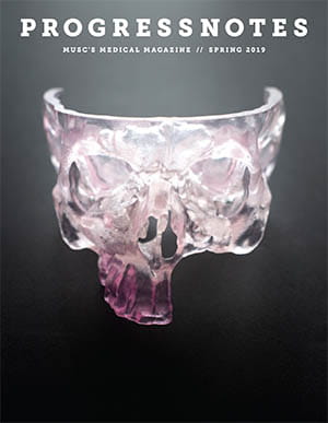 Cover of the Sprint 2019 issue of Progressnotes depicting a 3D printed skull.