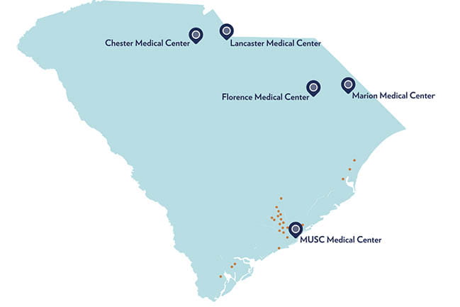 Map of South Carolina showing locations of facilities MUSC Health has purchased: Chester Medical Center, Lancaster Medical Center, Florence Medical Center, Marion Medical Center, and also showing the MUSC Medical Center in Charleston, SC.