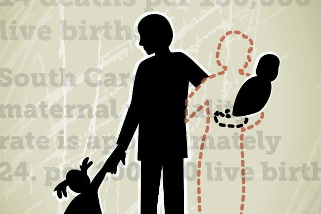 Illustration depicting the silhouettes of a family, where the silhouette of the mother is a dotted line, as if showing she has disappeared. 
