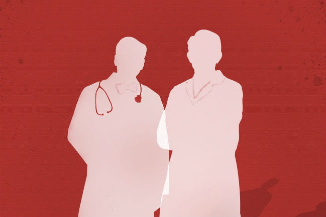 silhouette of two doctors standing next to one another.