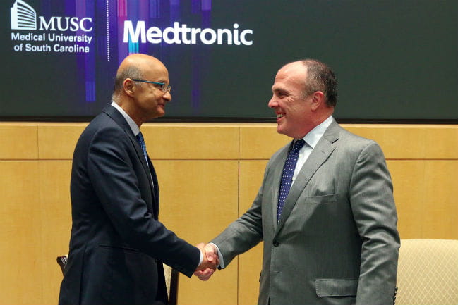 Omar Ishrak, Ph.D., Chairman and CEO of Medtronic (left), and Patrick Cawley, M.D., CEO of MUSC Health and Vice President for Health Affairs of the Medical University of South Caro-lina (right).