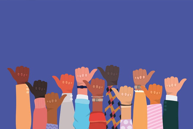 Illustration of hands in many colors giving “thumbs-up” sign