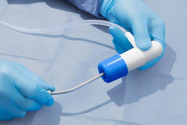 The VayuClear, a device that is used to suction clogged tubes during surgery.