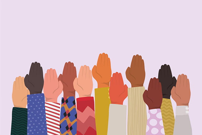 Illustration of ten different raised hands