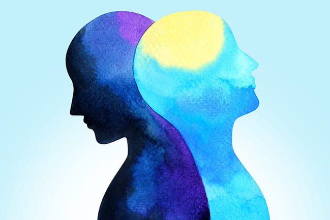 illustration of two profile silhouettes in blue and yellow