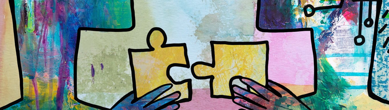 Two puzzle pieces put together in an illustration.