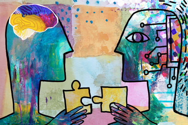 Illustration of 2 people with puzzle pieces and the brain