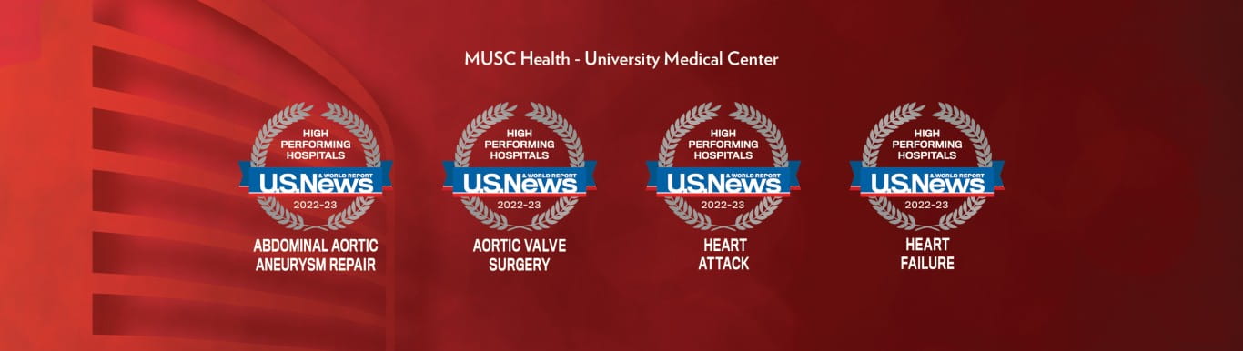 Four U.S. News & World Report Badges for High Performing Hospitals for 2022 - 2023 for the following heart services: Abdominal Aortic Aneurysm Repair, Aortic Valve Surgery, Heart Attack, and Heart Failure. 
