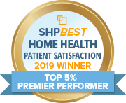 Award Logo that reads SHP Best Home Health Patient Satisfaction 2019 Winner Top 55 Premier Performer