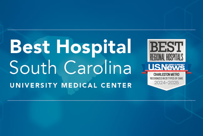 Best Hospital South Carolina University Medical Center US News & World Report badge | Best Regional Hospitals, Charleston Metro, Recognized in 19 types of Care 2023-2024