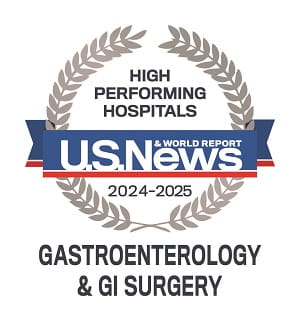 High Performing Hospitals US News & World Report Emblem for 2024-2025 | Gastroenterology & GI Surgery