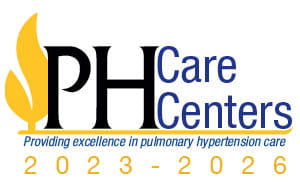 Decorative logo that reads PHA Care Centers Providing excellence in pulmonary hypertension care for 2023 - 2026.