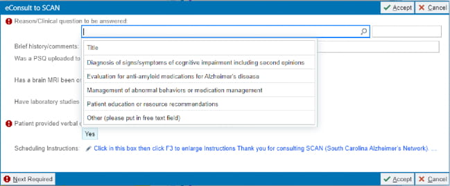 Screenshot of the South Carolina Alzheimer's Network eConsult system.