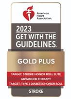 American Heart Association 2023 Get with the Guidelines. Gold Plus Target: Stroke Honor Role Elite, Target: Type 2: Diabetes Honor Roll Stroke