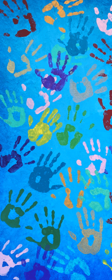 Colorful handprints on a blue background