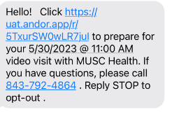 Screengrap of example text message that reads: Hello! Click URL to prepare for your date and time video visit with MUSC Health. If you have questions please call telephone number. Reply STOP to opt-out.