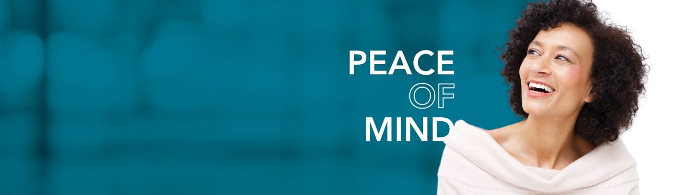decorative image with smiling woman that reads Peace of Mind