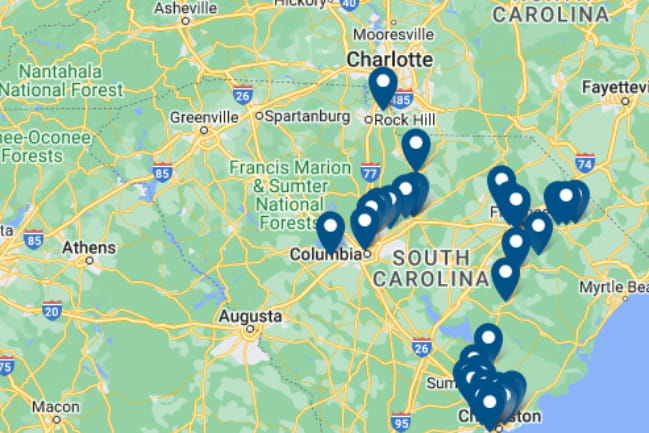 Screenshot of map of South Carolina with pinned locations where MUSC Health offers primary care services. 