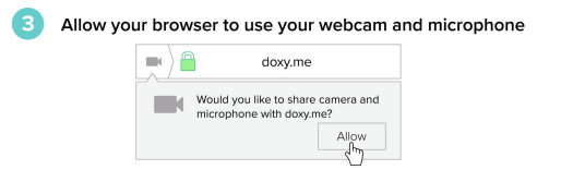 Video visit check in step 3 - allow your browser to use your webcam and microphone