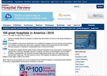 Screen capture of the Beckers Hospital Review article