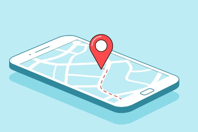 Decorative illustration of a smart phone with a map pin sitting on it.