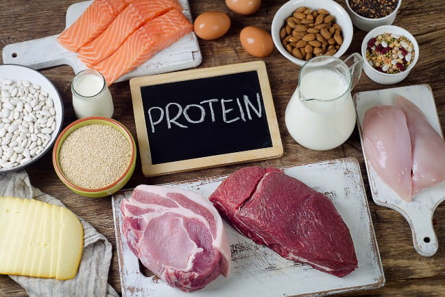 Different types of proteins laid out on a table
