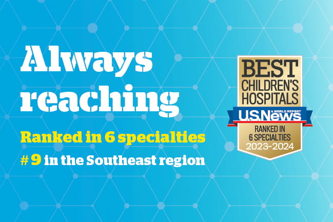 Graphic that reads Always reaching | Ranked in Six Specialties | Number 9 in the Southeast region | Best Children's Hospital USNWR