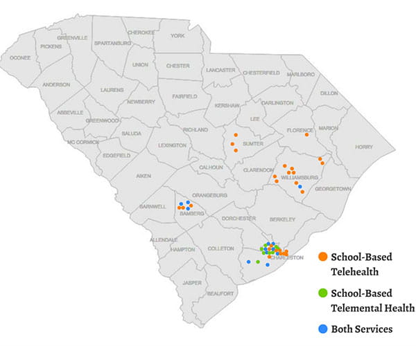 Map of South Carolina displaying where school-based telehealth and school-based telemental health programs are offered.