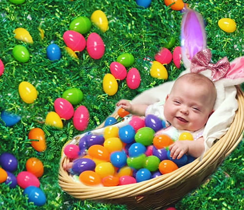 Adorable photo of baby girl in a basket posed so large Easter bunny ears appear to be atop her head, with her whole body covered in plastic colored Easter eggs